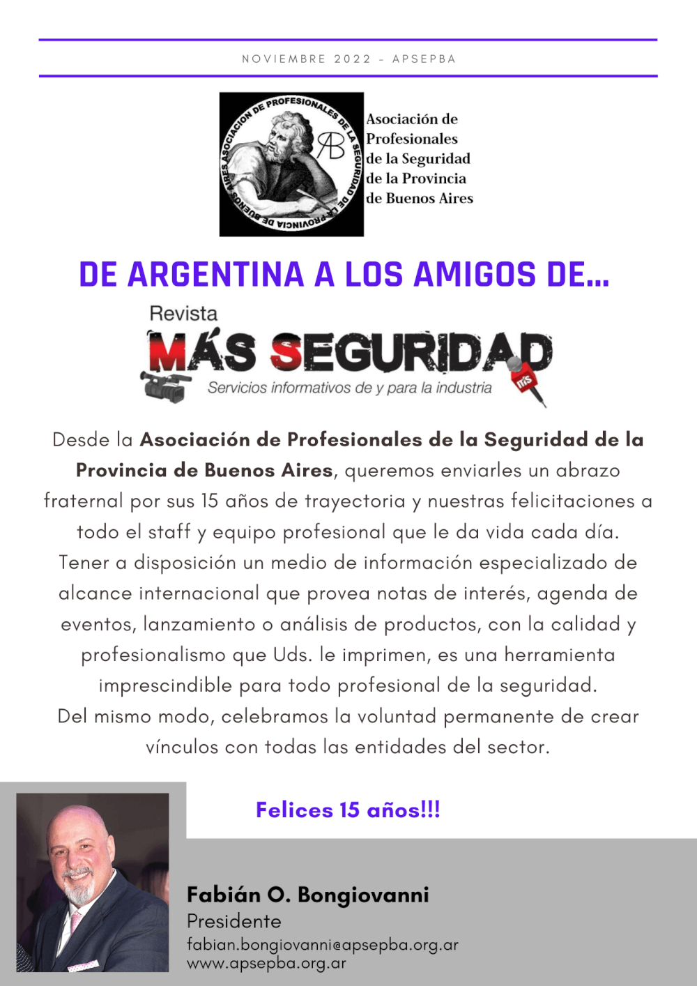 Revista MAS SEGURIDAD cumple 15 años!!!